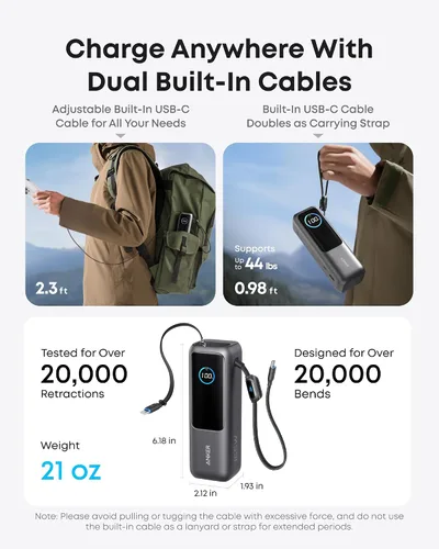 Miniatura 3 de Anker Batería portátil para laptop, cargador portátil de 25,000 mAh con triples puertos USB-C de 100W, cables retráctiles incorporados, aprobado