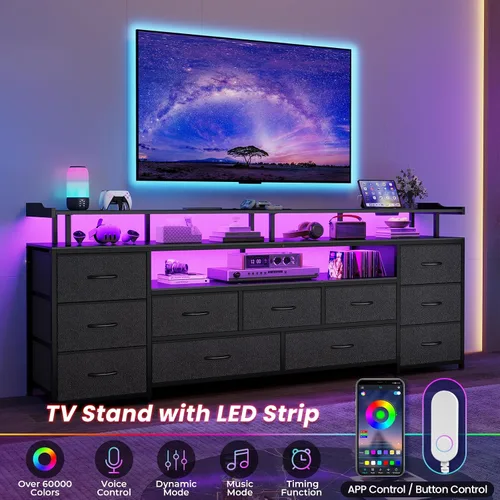 Miniatura 5 de ADORNEVE Soporte de TV para TV de 65 pulgadas, mesa consola de TV de 63" de ancho con luces LED y estación de carga, cómoda larga con 11 cajones