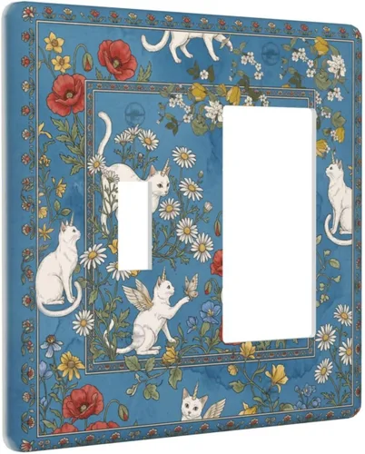 Miniatura 2 de Decorative Outlet Covers Blue Background White Cat Daisy Floral 2-Gang 1-Gang Wall Plate Single Toggle/Rocker Farmhouse Style Light Switch Covers