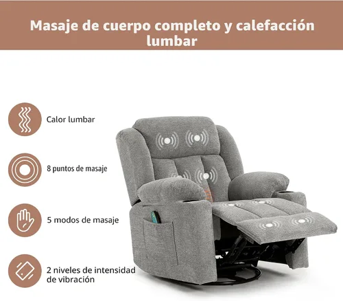Miniatura 3 de Ketaiyou - Silla reclinable giratoria para adultos, sillón deslizante manual grande y acolchado con masaje y calor, cómodo sofá reclinable de tela