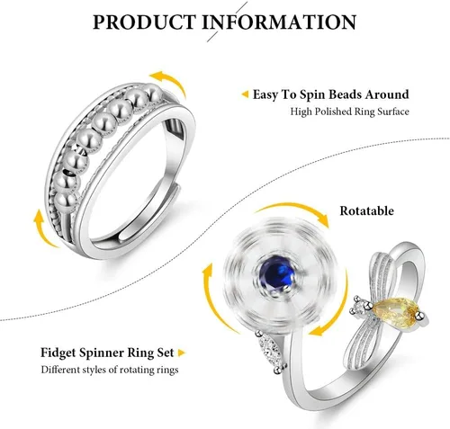 Miniatura 3 de Aucuu 6PCS Anillos Fidget Anti Ansiedad para Mujeres, Anillo Abierto Ajustable, Anillos de Diamantes de Circonita Cúbica CZ, Anillos de Cuentas #1