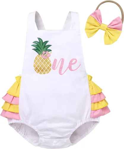 Miniatura 29 de IMEKIS Conjunto de ropa para bebé niña de primer cumpleaños con diadema de verano para sesión de fotos