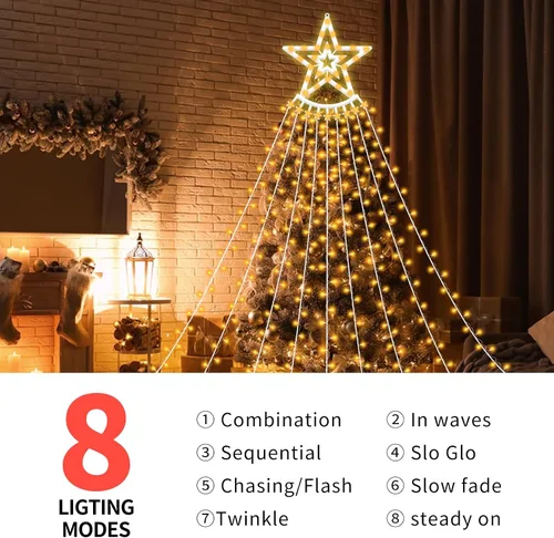 Miniatura 2 de VTZNOJ 350 LED Guirnalda de luces de estrella para decoración de Navidad, impermeables, luces de cascada estrelladas con 8 modos de luz, control