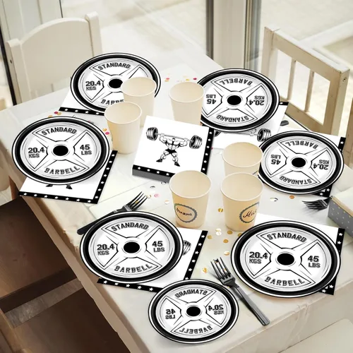 Miniatura 6 de OBUSATT 96 piezas de suministros para fiesta de cumpleaños de gimnasio, tema de culturista, platos de papel para levantamiento de pesas, platos
