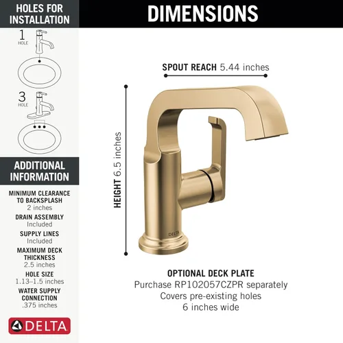 Miniatura 3 de Delta Grifo de baño Tetra Gold de un solo agujero, grifo de baño dorado de una sola manija, grifo de lavabo de baño, tecnología de sello de Lumicoat