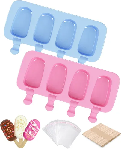 Miniatura 9 de Ouddy moldes de silicona para paletas con tapa, 2 moldes para paletas para niños, 4 cavidades, moldes ovalados para helados con 50 palitos