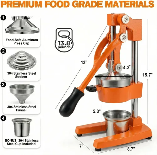 Miniatura 2 de Exprimidor de cítricos de hierro fundido – Prensa manual de naranja resistente de 13.8 libras, taza y colador de acero inoxidable 304, exprimidor