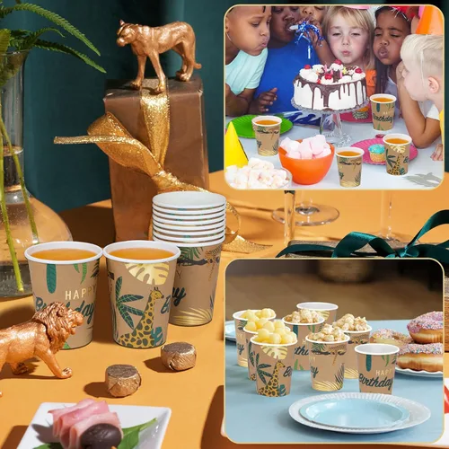 Miniatura 3 de DYLIVeS Vasos de papel de cumpleaños de animales, vasos desechables de safari en la selva, copas tropicales de verano de bosque salvaje, tazas
