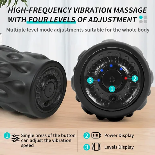 Miniatura 4 de Rodillo de espuma vibratoria de alta densidad negro con 4 velocidades personalizables para masaje de tejido profundo, recuperación muscular y alivio