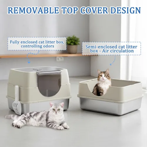 Miniatura 8 de Caja de arena cerrada para gatos con tapa abatible, caja de arena grande cubierta de acero inoxidable, bandeja de arena de metal de alta cara