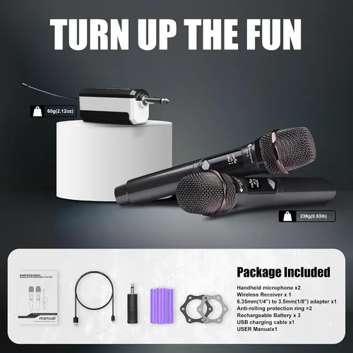 Miniatura 7 de Micrófonos inalámbricos - Micrófono de karaoke para cantar - Micrófono inalámbrico recargable con receptor de doble canal - Rango de 240 pies