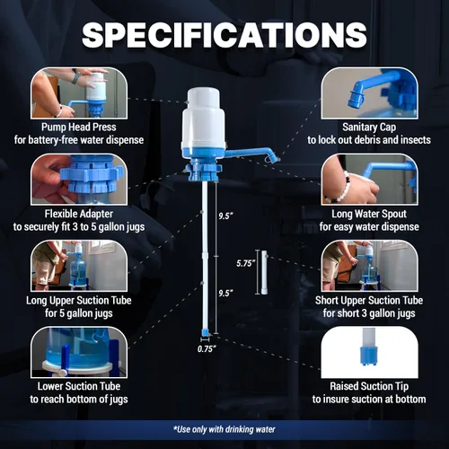 Miniatura 4 de Dispensador de agua Dolphin, bomba de agua potable sin BPA para jarras de agua de 3 a 5 galones, tapa de boquilla, 1-2 bombas para un vaso de agua