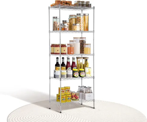 Miniatura 8 de Estantería de metal de 5 estantes, altura ajustable, estante de alambre comercial con patas niveladoras, capacidad de 150 libras por estante, 24 x