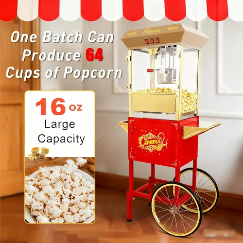 Miniatura 6 de Máquina de carrito de palomitas de maíz de 16 onzas sobre ruedas, máquina de palomitas de maíz de 850 W para 64 tazas de palomitas de maíz por lote