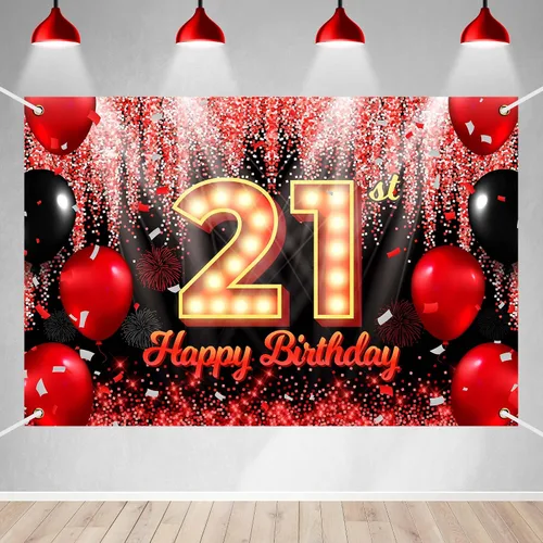 Miniatura 25 de Telón de Fondo Banner de Feliz 10º Cumpleaños Tema Negro y Rojo con Fondo de Neón Brillante y Moda para Fiesta de Cumpleaños Fotografía Accesorio