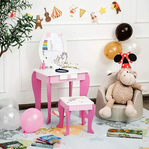 Miniatura 13 de HONEY JOY Tocador para Niños, Mesa de Maquillaje para Niños Pequeños con Espejo y Taburete, Tocador de Madera de Juego de Simulación para Niñas