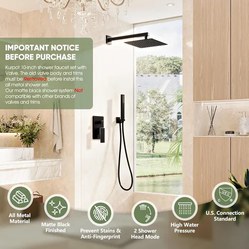 Miniatura 2 de Kurpot Sistema de ducha negro, juego de grifo de ducha montado en la pared con válvula, cabezal de ducha de lluvia de 10 pulgadas con rociador Negro