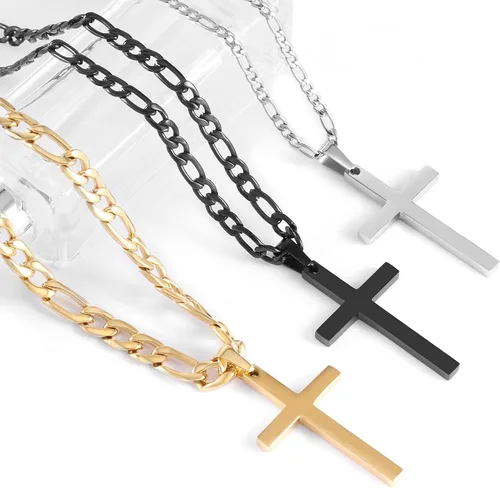 Miniatura 6 de CaptainSteeL Cross Necklace for Men - Stainless Steel SilverGold Plain Cross Pendant Necklace Simple Jewelry Gifts, 24 Inches 31 Figaro Link Chain
