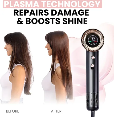 Miniatura 3 de ELLA BELLA® Secador de Cabello de Plasma Compacto, Secador de Cabello con Tecnología de Plasma Avanzada con Pantalla Digital, Secado Rápido, Bajo