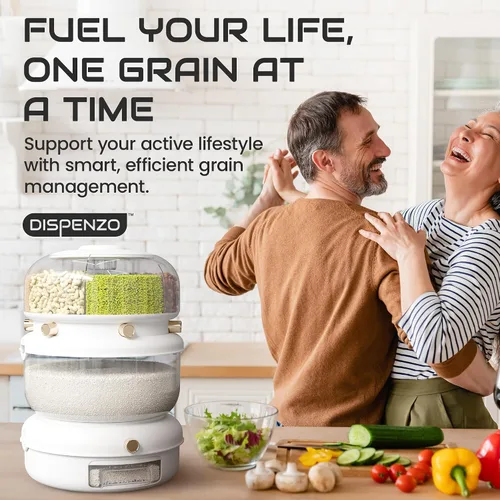 Miniatura 8 de Dispensador de arroz y granos múltiples: almacenamiento de alimentos giratorio 3 en 1 hermético con colador, soporta hasta 22 libras