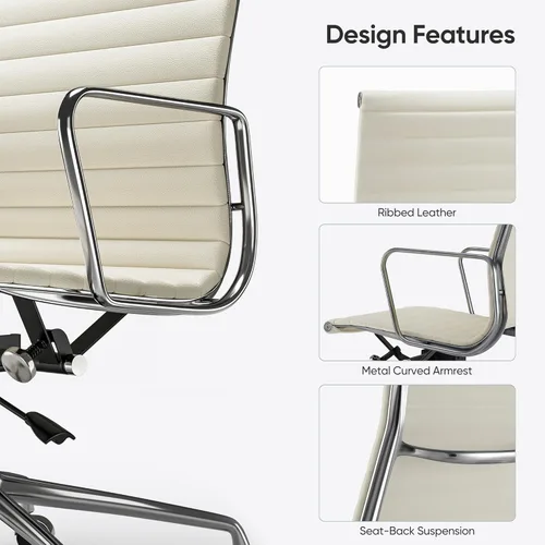 Miniatura 8 de Silla de oficina acanalada con cuero de grano superior, silla de escritorio ergonómica con respaldo alto con brazos y marco de aluminio, ruedas