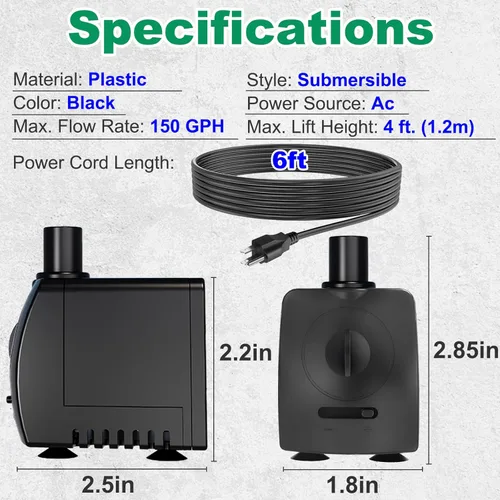 Miniatura 5 de Knifel Bomba sumergible de 150 GPH (550 L/H 9.5 W), ultra silenciosa con protección contra sobrecalentamiento, elevación de 4 pies de alto