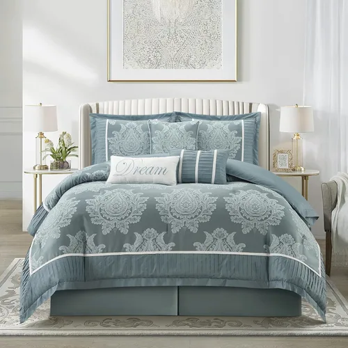 Miniatura 13 de Grand Avenue - Juego de edredón beige tamaño Queen, jacquard con juego de ropa de cama a juego de piezas sólidas, para todas las estaciones, faldón