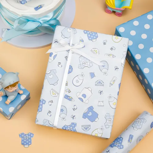 Miniatura 7 de MAYPLUSS Rollo de Papel de Regalo para Recién Nacido - 17 Pulgadas x 4.76 Metros - Lindo Diseño de Snapsuit y Botellas de Bebé Azul para Niño