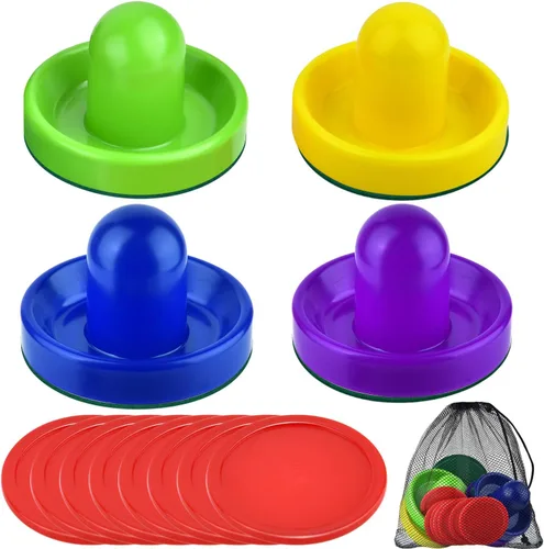 Coopay Empujadores de hockey de aire y discos de hockey de aire con una bolsa de cordón para mesas de juego (4 Striker, 8 Puck)
