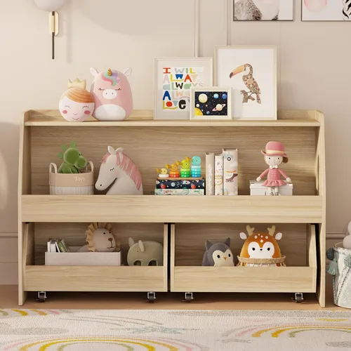 COZPAW Organizador de almacenamiento de juguetes, estante Montessori de 2 niveles con contenedores móviles (madera)