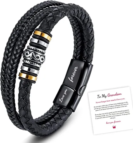Miniatura 24 de Pulsera de cuero trenzado con texto en inglés «Love You Forever» para hombres y niños, pulsera inspiradora de acero inoxidable, pulsera de cuero
