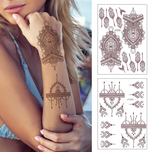 Miniatura 2 de 10 hojas de tatuajes de henna temporales, calcomanías de tatuaje marrón para mujeres, calcomanías de arte corporal para bodas y fiestas