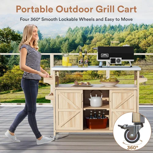 Miniatura 6 de Zevemomo - Carrito de parrilla al aire libre con almacenamiento, mesa de acero inoxidable para isla de cocina al aire libre, gabinete de buffet al