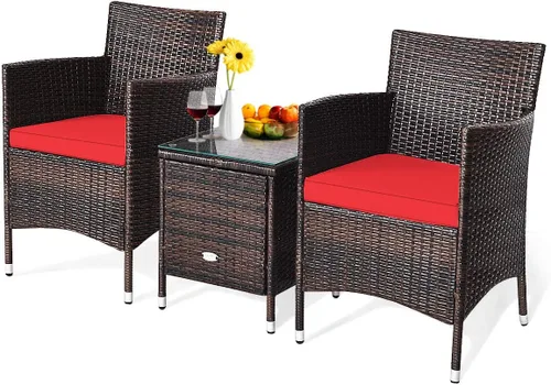 Miniatura 7 de HAPPYGRILL Juego de muebles de patio de 3 piezas para exteriores, juego de conversación de mimbre de ratán con mesa auxiliar, sillas y cojines Rojo