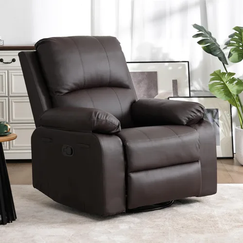 Miniatura 14 de Silla reclinable giratoria de cuero de 360° para adultos, sillón reclinable manual con cojín de resorte, sofá individual con bolsillos laterales