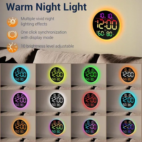 Miniatura 2 de Reloj de pared digital grande de 10 pulgadas: 13 RGB que cambia de color LED moderno reloj con control remoto, pantalla grande con atenuación