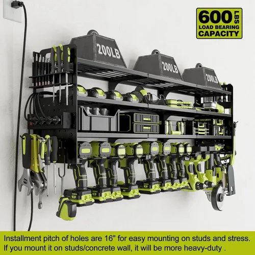 Miniatura 7 de Soporte de taladro inalámbrico para 12 unidades, organizador grande de herramientas eléctricas, soporte de pared con tablero de clavijas lateral