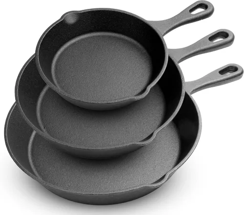 NutriChef Sartén de hierro fundido pre-sazonado, juego de utensilios de cocina de hierro fundido de 3 piezas con boquilla de goteo y raspador,