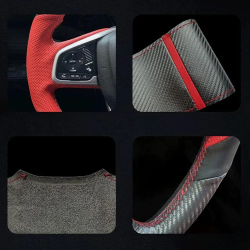 Miniatura 9 de Cubierta de volante de cuero perforado rojo con fibra de carbono mate negro para Honda Civic 2016-2021/CR-V 17-21/Clarity 16-18/Breeze
