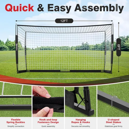 Miniatura 2 de Portería de fútbol portátil, red desmontable de 12 x 6 pies para patio trasero, equipo de entrenamiento de configuración rápida con 1 bolsa