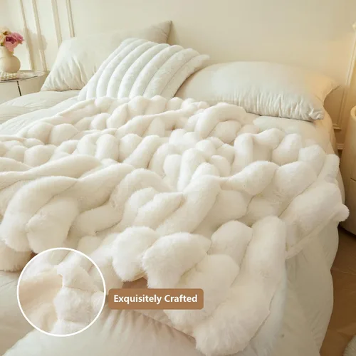 Miniatura 4 de MEGO Manta mullida de piel sintética de conejo, manta mullida de lujo con rayas acanaladas para cama, sofá, silla, manta peluda color marfil