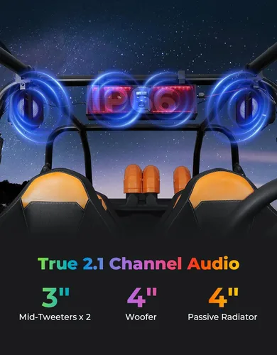 Miniatura 2 de KEMIMOTO Sistema de barra de sonido UTV de 2.1 canales, barra de sonido ATV de 17 pulgadas con luces RGB BT5.3 IP66 impermeable, subwoofer de techo