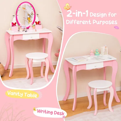 Miniatura 6 de Costzon Vanity - Juego de tocador para niñas con espejo y taburete, cajón, rejillas de almacenamiento, tocador 2 en 1, tocador de maquillaje, mesa