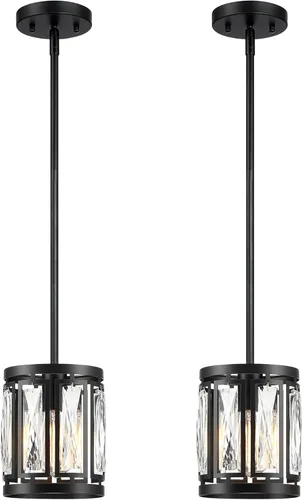 Lámpara colgante de cristal con pantalla de tambor negra mate, araña de 2 paquetes para isla de cocina, luces de techo modernas para sala de estar