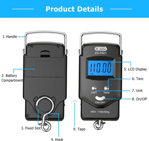 Miniatura 5 de Dr.meter Báscula de Pescado Báscula de Equipaje Equipo de Pesca - 110lb Pantalla LCD Digital Retroiluminada con Cinta Métrica Incorporada - Báscula