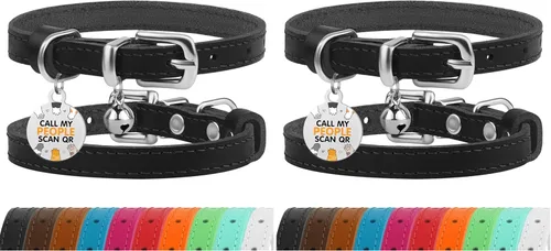 Miniatura 15 de BRONZEDOG Collar de cuero para gato con campanas extraíbles sin liberación rápida, etiqueta QR para gatito para niña y niño