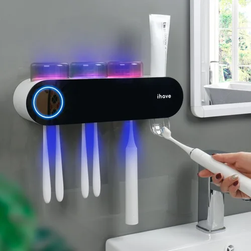 Miniatura 2 de iHave Soportes para cepillos de dientes eléctricos de pared con 3 vasos, esterilizador UV, dispensador de pasta dental, accesorios y decoración