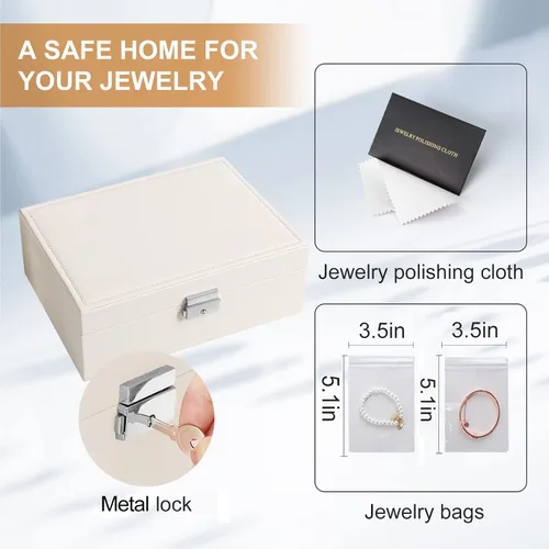 Miniatura 4 de Joyero organizador para mujeres y niñas, 2 capas de cuero, estuche de almacenamiento de joyas de viaje con cerradura y bandeja extraíble