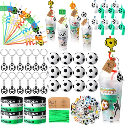 Miniatura 12 de Weysat 184 piezas de artículos para fiestas deportivas, rellenos para bolsas de regalos, taza, pajita, pelota antiestrés, llavero, calcomanía