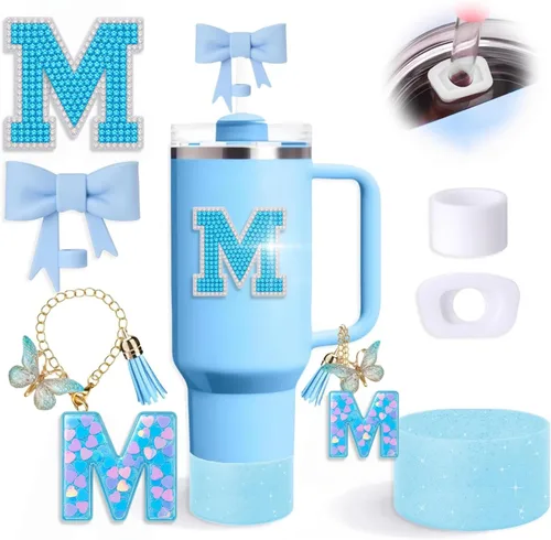 Miniatura 18 de Juego de 6 accesorios de copa Stanley color azul, adorno de pajilla con lazo para copa Stanley de 30 onzas, 40 onzas, incluye adorno de popote